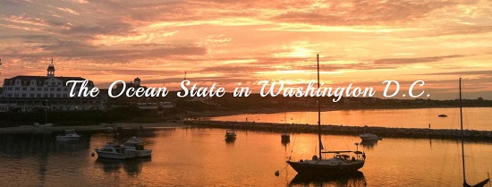 sunset over bay with ships that says The Ocean State in Washington DC