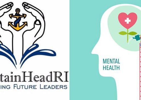 fountainhead logo next to a mental health awareness image of a girl climing a ladder and watering a flower inside a cartoon head.