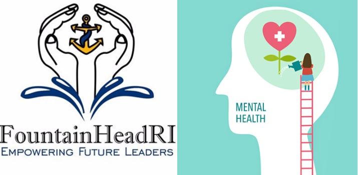 fountainhead logo next to a mental health awareness image of a girl climing a ladder and watering a flower inside a cartoon head.