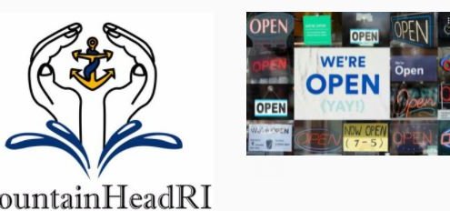 fountainhead logo next to a collage of open signs