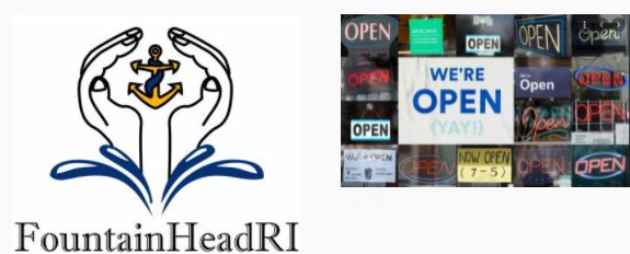 fountainhead logo next to a collage of open signs