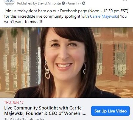 screenhot of facebook post for community spotlight with Carrie Majewski