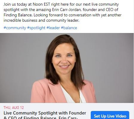screenhot of facebook post for community spotlight with Erin Carr Jordan