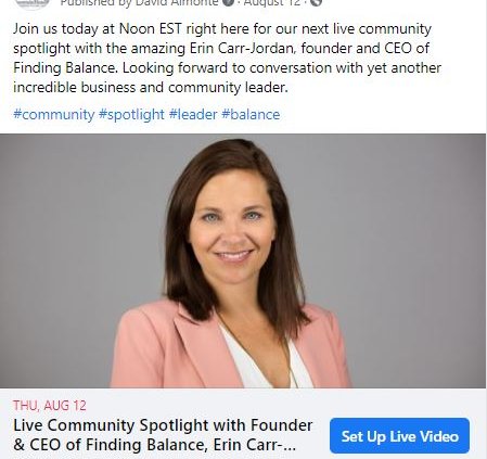 screenhot of facebook post for community spotlight with Erin Carr Jordan