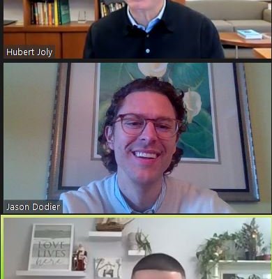 Stacked webcam shots of Hubert Joly, Jason Dodier and David Almonte from online meeting.