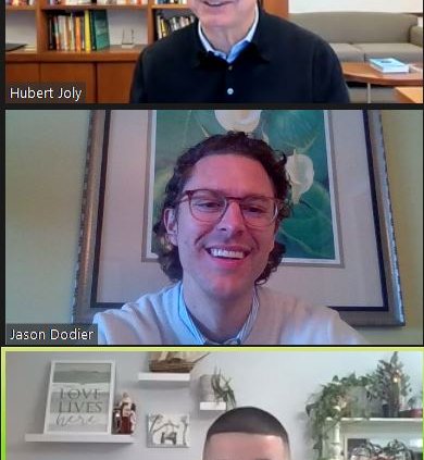 Stacked webcam shots of Hubert Joly, Jason Dodier and David Almonte from online meeting.