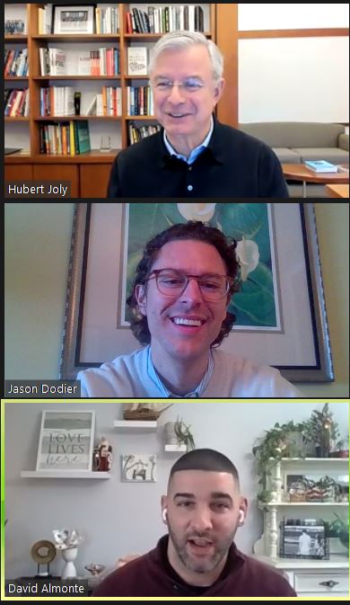 Stacked webcam shots of Hubert Joly, Jason Dodier and David Almonte from online meeting.